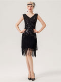1920s Sequined Fringed V-Neck Charleston Dress