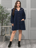 [Plus Size] Dark Blue 1940s Double Pocket Solid Long Sleeve Coat
