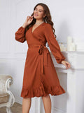 [Plus Size] Brown 1930s Ruffles V-Neck Tie-Up Dress