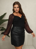 [Plus Size] Black 1940s Sheer Sleeve Sweetheart Collar Top