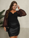 [Plus Size] Black 1940s Sheer Sleeve Sweetheart Collar Top