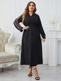 [Plus Size] Black 1930s Embroidered Long Sleeve Dress