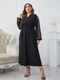 [Plus Size] Black 1930s Embroidered Long Sleeve Dress