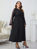 [Plus Size] Black 1930s Embroidered Long Sleeve Dress