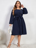 [Plus Size] Blue 1950s High-Waist Lantern Sleeve Belted Dress