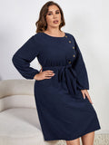 [Plus Size] Blue 1950s High-Waist Lantern Sleeve Belted Dress