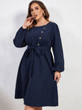 [Plus Size] Blue 1950s High-Waist Lantern Sleeve Belted Dress