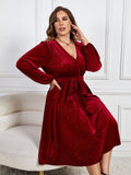 [Plus Size] Wine Red 1950s V-Neck Glitter Velvet Dress