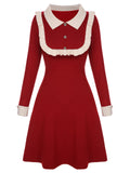 Red 1940s Christmas Ruffles Color Block Knit Dress