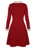 Red 1940s Christmas Ruffles Color Block Knit Dress