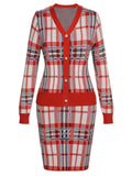 2PCS Red 1960s Christmas Plaids Knitted Cardigan & Skirt
