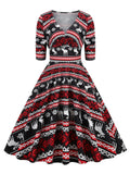 1950s Halloween V-Neck Mid-Sleeve Dress