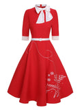 [Pre-Sale] Red 1950s Elk Bow Patchwork Belt Dress