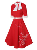 [Pre-Sale] Red 1950s Elk Bow Patchwork Belt Dress