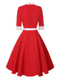 [Pre-Sale] Red 1950s Elk Bow Patchwork Belt Dress