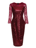 Wine Red 1960s Sequined Mesh Patchwork Pencil Dress