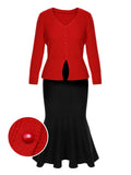 2PCS 1930s Red Knit Sweater & Black Fishtail Skirt