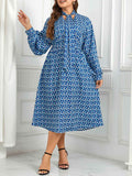 [Plus Size] Blue 1940s Lace Up Puff Sleeve Dress