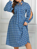 [Plus Size] Blue 1940s Lace Up Puff Sleeve Dress
