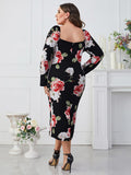[Plus Size] Black 1960s Floral Sweetheart Collar Dress