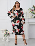 [Plus Size] Black 1960s Floral Sweetheart Collar Dress