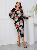 [Plus Size] Black 1960s Floral Sweetheart Collar Dress