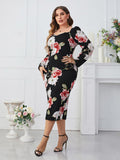 [Plus Size] Black 1960s Floral Sweetheart Collar Dress