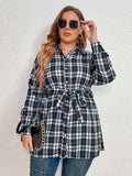 [Plus Size] Blue Gray 1940s Plaids Belted Blouse