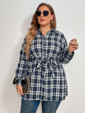 [Plus Size] Blue Gray 1940s Plaids Belted Blouse