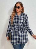[Plus Size] Blue Gray 1940s Plaids Belted Blouse