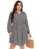 [Plus Size] Black & White 1960s Stripe Shirt Dress