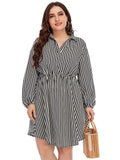 [Plus Size] Black & White 1960s Stripe Shirt Dress