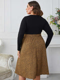 [Plus Size] Black 1950s Leopard Long Sleeve Dress