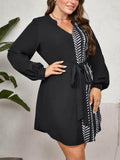 [Plus Size] Black 1940s Geometric V-Neck Patchwork Dress