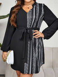 [Plus Size] Black 1940s Geometric V-Neck Patchwork Dress