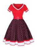 Multicolor 1950s Polka Dots Patchwork Belted Dress