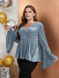 [Plus Size] Blue 1930s Texture Trumpet Sleeve V-Neck Top