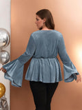 [Plus Size] Blue 1930s Texture Trumpet Sleeve V-Neck Top