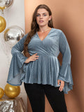 [Plus Size] Blue 1930s Texture Trumpet Sleeve V-Neck Top