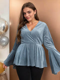 [Plus Size] Blue 1930s Texture Trumpet Sleeve V-Neck Top
