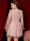 [Plus Size] 1960s V-Neck Sequined Sheer Sleeve Dress