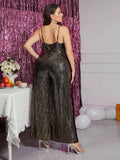[Plus Size] 1930s Strapless Backless Solid Sequined Jumpsuit