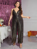 [Plus Size] 1930s Strapless Backless Solid Sequined Jumpsuit