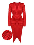 Red 1960s V-Neck Pleated Formal Dress