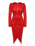 Red 1960s V-Neck Pleated Formal Dress