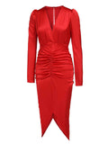 Red 1960s V-Neck Pleated Formal Dress