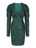 Green 1960s Christmas Sequin V-Neck Pencil Dress