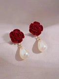 Christmas Red Flocked Bell Pearl Earrings