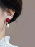 Christmas Red Flocked Bell Pearl Earrings