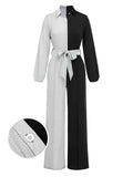 1930s Lapel Patchwork Long Sleeve Jumpsuit